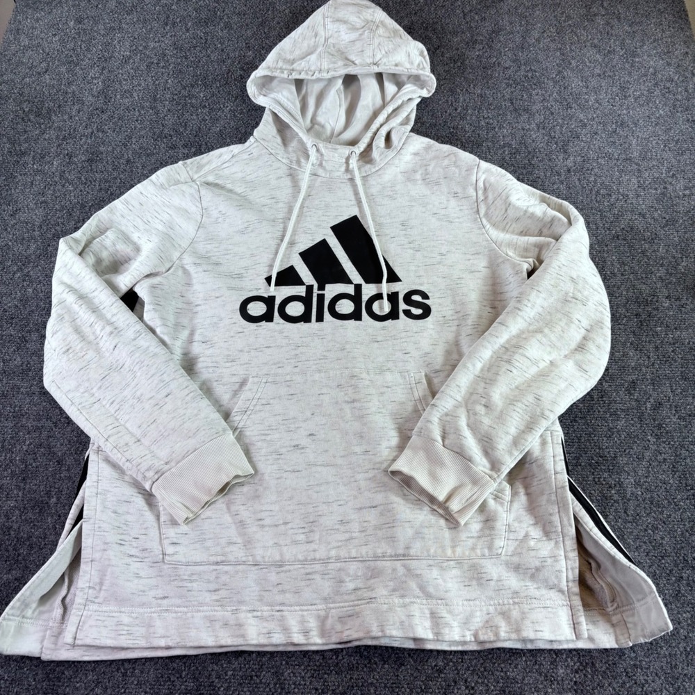 Adidas Hoodie Women L White Heather Space Dye Side Slit Logo Pullover Sweatshirt
